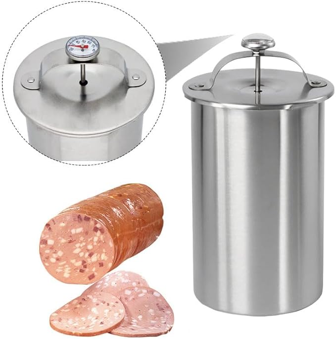 Stainless Steel Ham Maker Meat Press with Thermometer,Homemade Lunch Meat Maker Mold with Spring-Loaded Platen for Cold Cuts, Meatloaf, and Sandwich Making