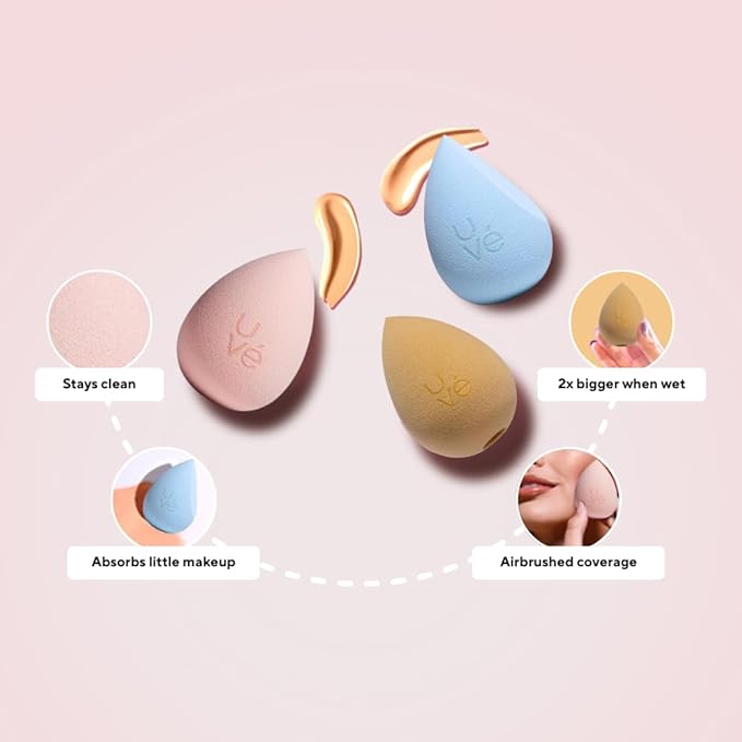 PURE Makeup Blender Sponge Set, Streak Free Application of Liquid, Powder & Cream Foundation, Professional Complexion Blending Tool, Cruelty Free, Vegan, Latex Free, Pack of 3 Shapes