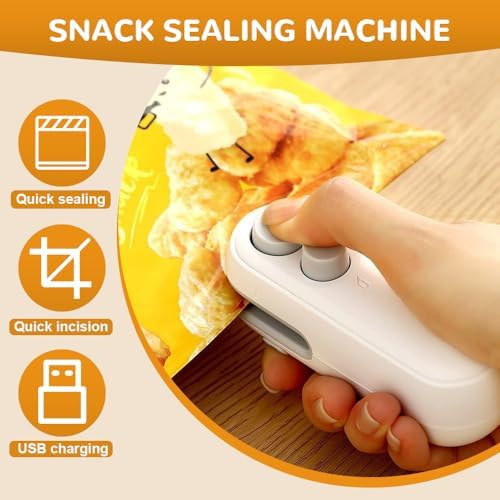 2-in-1 Mini Bag Sealer with Cutter & Magnet, Rechargeable Portable Handheld Food Sealing Machine for Snacks, Chip Bags & Resealing – 2pcs White