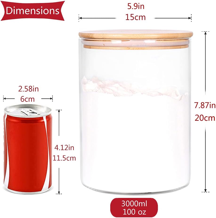 Glass Flour Container with Airtight Bamboo Lid, Large Glass Food Jar with Wooden Lid for Storage Flour, Sugar, Cookies, Rice, Coffee Beans and etc (3L)