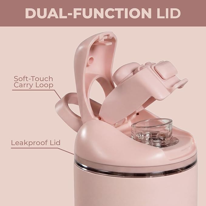 HydroJug Ease2o Water Bottle with Straw & Chug Lid, Stainless Steel, Vented Cap to Help Reduce Pressure, Water-Level Window, Cup Holder Friendly, Non-Slip Base – 40oz, Dusty Rose