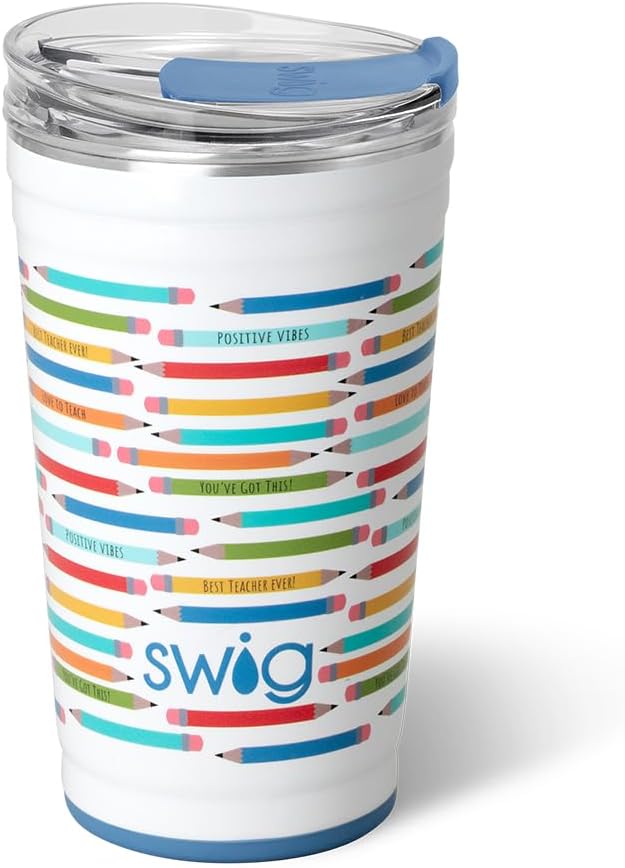 Swig Life 24oz Party Cup, Stackable Insulated Travel Coffee Tumbler with EZ Slider Lid, Cup Holder Friendly, Stainless Steel 24 oz Tumbler, Reusable Coffee Mug (Teacher Life)