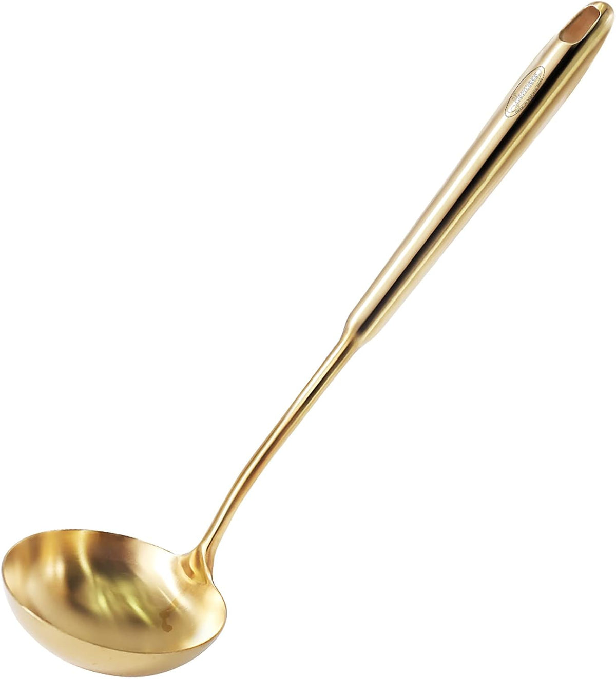 Newness Soup Ladle, [Rustproof, Heat Resistance, Integral Forming] Durable 304 Stainless Steel Soup Spoon with Vacuum Ergonomic Round Handle, Cooking Spoon for Kitchen, 13.7 Inches, Gold