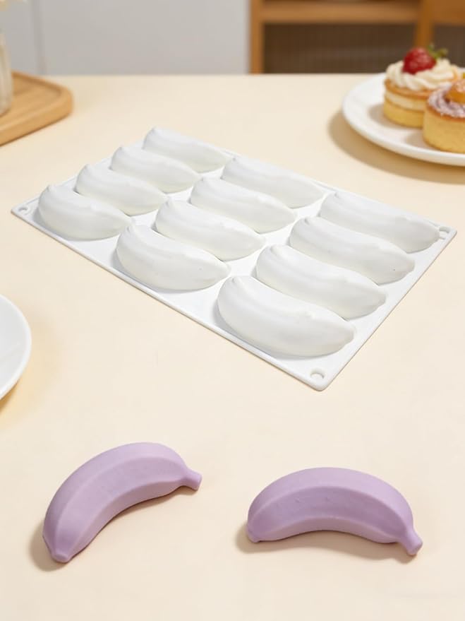 12 Cavity Silicone Banana Molds - Bananas Fruit Shaped Fondant Mold for Chocolate, Candy, Ice Cream, Mousse Cake, Soap, Resin, Lotion Bar, Ice Cube (Banana)