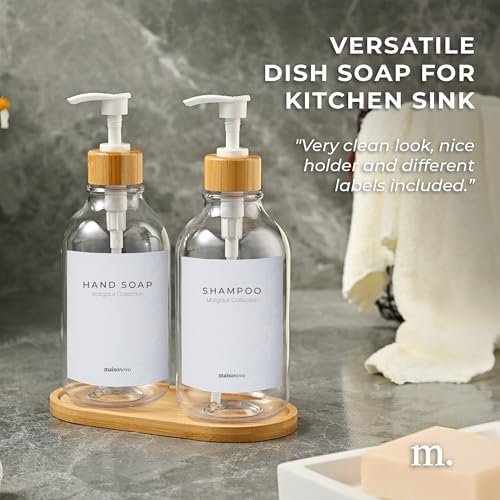 Maisonovo Plastic Soap Dispenser Set | Hand Soap and Dish Soap Dispenser Set | 16.9oz Amber Bottles with Black Bamboo Pump | Bathroom Lotion Dispenser with Pump Set of 2