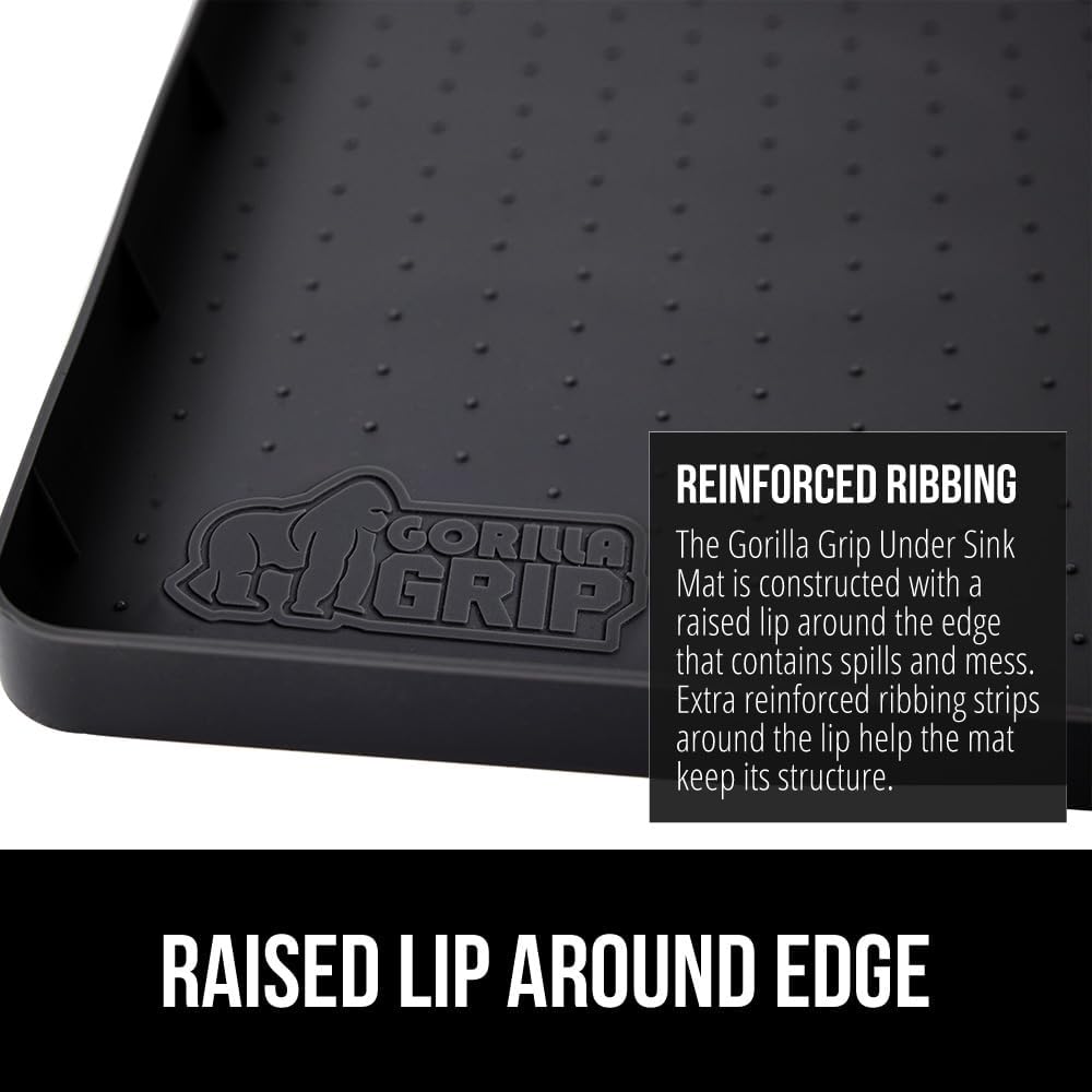 GORILLA GRIP Waterproof Silicone Under Sink Mat with Raised Lip for Kitchen and Bathroom, 28 x 22 in, Cabinet Shelf Liner Stay in Place Mats Dishwasher Safe Drawer Liner, Organizer Tray, Black