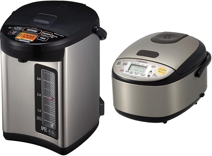 Zojirushi CV-JAC40XB Water Boiler & Warmer, 4.0-Liter, Stainless Black & NS-LGC05XB Micom Rice Cooker & Warmer, 3-Cups (uncooked), Stainless Black
