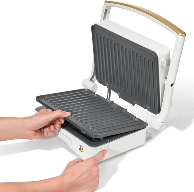 Panini Press Indoor Grill 1 2-in-1200W Non-Stick Removable Plates Sandwich Maker by Drew Barrymoree. (White Icing)