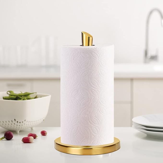 Paper Towel Holder countertop, Free-Standing Kitchen roll Holder for Kitchen Bathroom, Paper Towel Holder Stand Dispenser with Stainless Base Fits Standard (Gold)