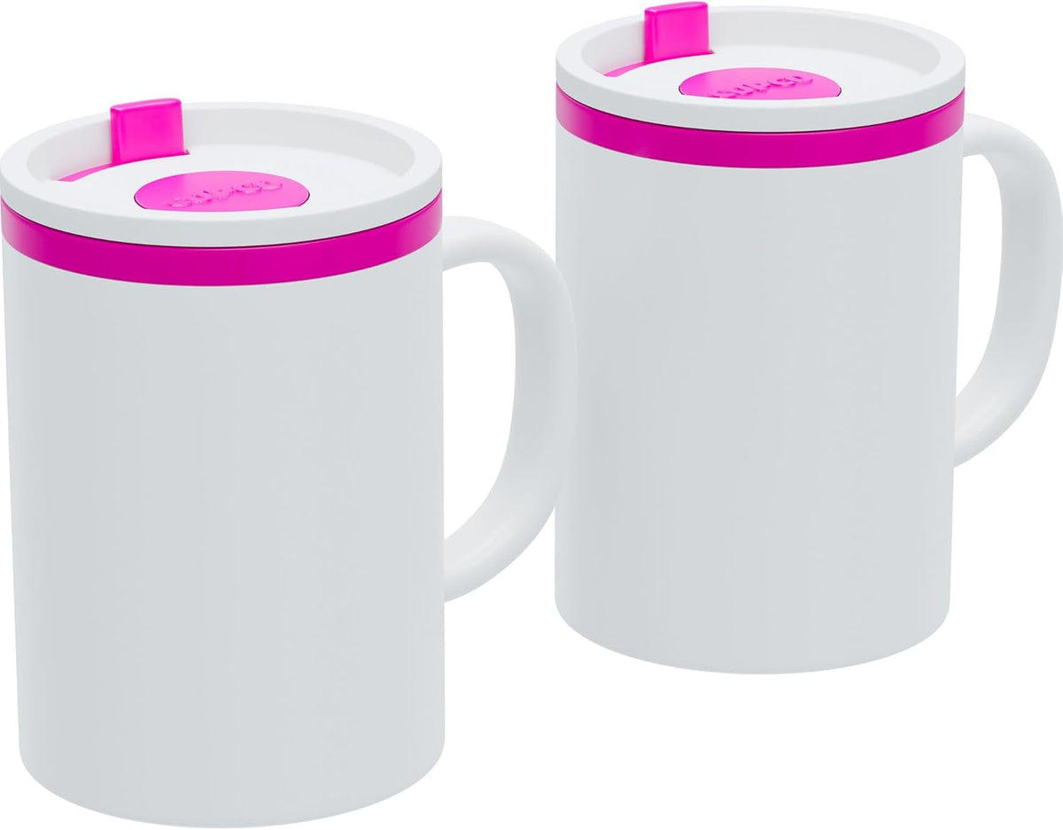 Copco Iconic 16oz Double Wall Insulated Desk Mug with Lid and Handle, Set of 2, BPA-Free Reusable Plastic, Spill-Proof, Microwave & Dishwasher Safe, Wide Mouth, Cup Holder Friendly (Pink)