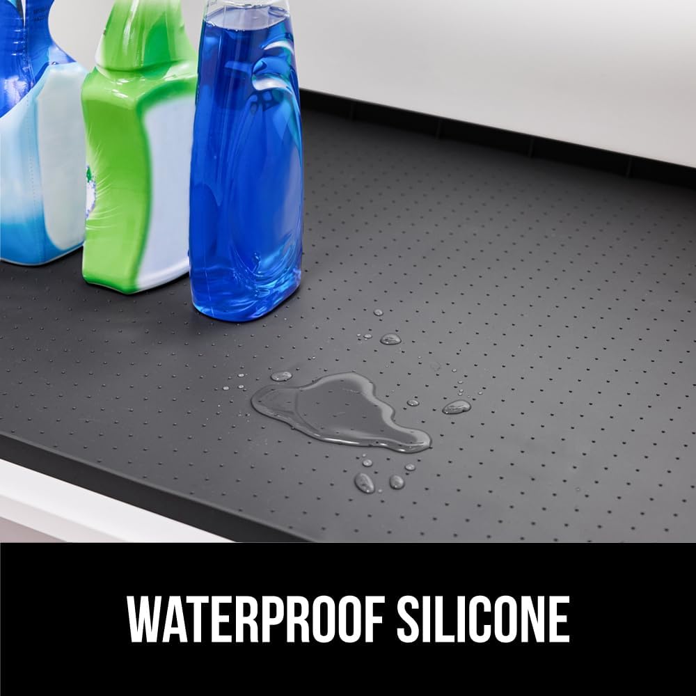 GORILLA GRIP Waterproof Silicone Under Sink Mat with Raised Lip for Kitchen and Bathroom, Cabinet Shelf Liner Stay in Place Mats Dishwasher Safe Drawer Liner, Organizer Tray, 19 x 22 in, Black