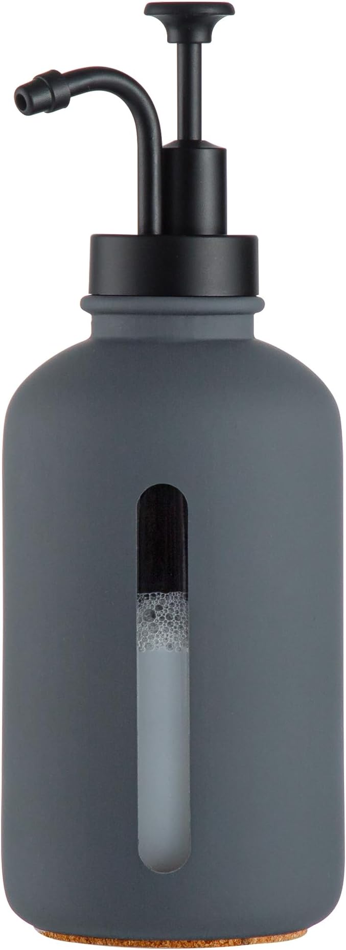 Enra Glass Soap Dispenser with Window, 17oz Dark Gray Stainless Steel Hand Pump for Bathroom Kitchen - Countertop Lotion Bottle (Dark Gray-Round-Liquid)