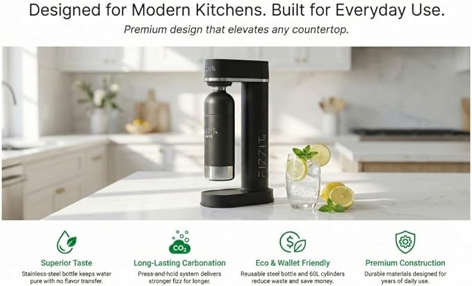 Fizzit Sparkli Carbonated Soda Maker with 1L Stainless Steel Bottle | Customizable Carbonation | Soda Streaming Fizzy Water Machine | Luxury Bubbles, Dishwasher Safe & Eco-Friendly Reusable Bottle