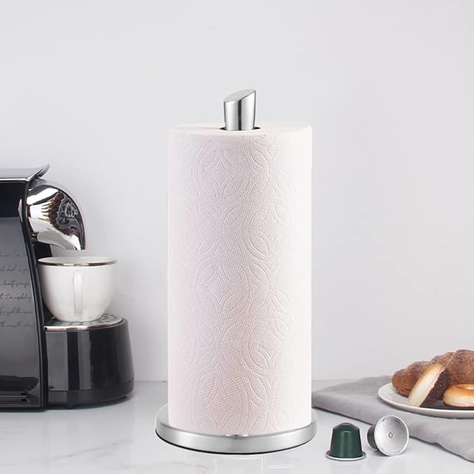 Paper Towel Holder countertop, Free-Standing Kitchen roll Holder for Kitchen Bathroom, Paper Towel Holder Stand Dispenser with Stainless Base Fits Standard (Silver)