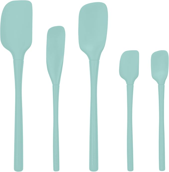 Tovolo Flex Core 5 Piece Silicone Spatula Set Heat Resistant All Silicone Utensils Include Non Stick Spatula Spoonula Jar Scraper, Dishwasher Safe Spatulas for Baking Mixing, Aqua Seafoam Green