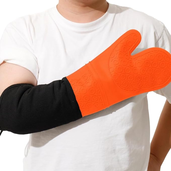 Extra Long High Temp Oven Mitts - 2pcs Commercial, Heavy Duty Non-Slip Grip Mitts - Silicone Heat Resistant Up to 500 Degrees, Ideal for Cooking, Baking & Frying, Orange