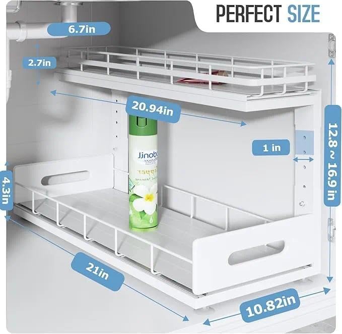 Under Sink Organizer Upgrade To Professional Rails,2-Tier Dual Pull Out Cabinet Storage,Height Adjustable Slide Out Drawers For Bathroom Kitchen,1 Pack-21"Dx12.8"-16.9"H,White