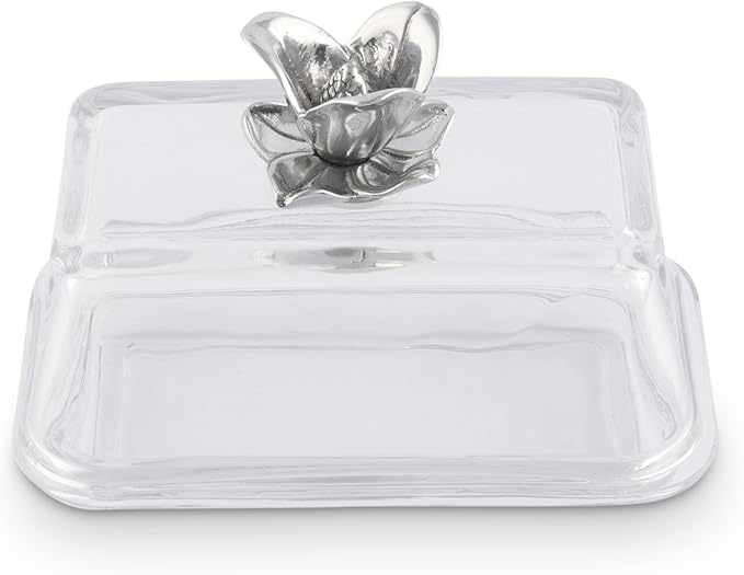 Arthur Court Glass Butter Dish with Lid Magnolia Flower Knob | Classic 2-Piece Design Covered Butter Keeper | Covers and Holds a Standard Stick of Butter | Spring Southern Décor