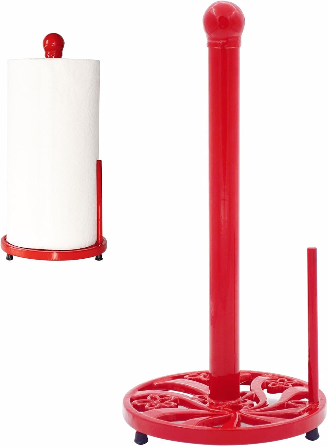 Vintage Paper Towel Holder Countertop - Cast Iron Standing Roll Paper Towel Dispenser with Elegant and Heavy Daffodil Pattern Base for Kitchen Décor, Red