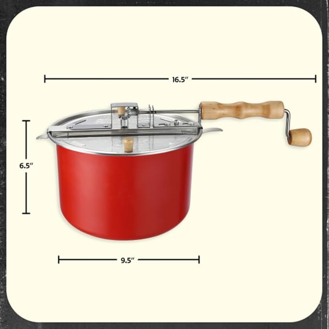 Stovetop Popcorn Maker – 6.5-Quart Popper Pan with Wooden Crank Handle and Internal Kernel Stirrer by Great Northern Popcorn (Red)