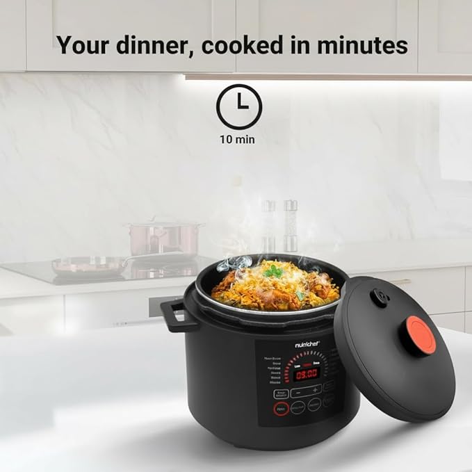 NutriChef Electric Pressure Cooker 6 Quart Capacity | 9 Function Digital Countertop Pressure Cooker | Adjustable Time & Temperature | Cook, Bake, Steam, Broil, & Braise | 13.1 x 11.4 IN | Black