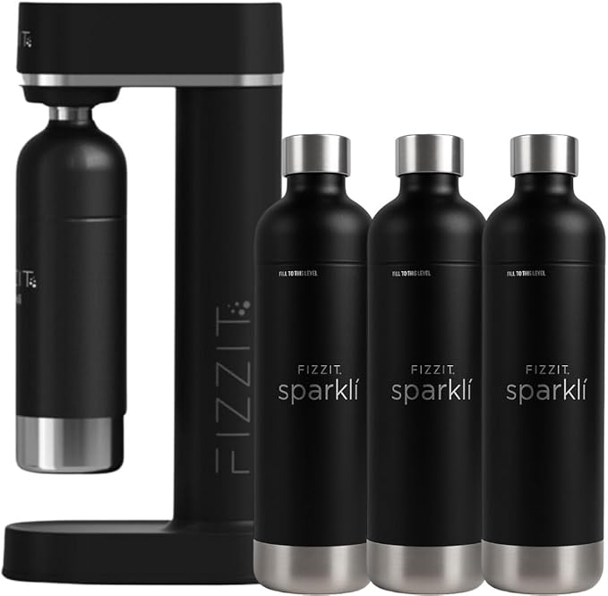 Stainless Steel Black Sparkling Water and Soda Maker Machine with 3 Black Stainless Steel 1L Re-Usable Bottle