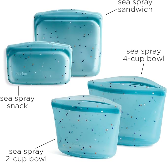 Stasher Silicone Reusable Food Storage Bags, 4-Pack, Reusable Freezer Bags, Microwave, Dishwasher, Oven Safe, Sous Vide, Premium Lunch Containers, Eco Friendly, Food-safe Silicone Snack Bag, Sea Spray | Reusable Food Bag