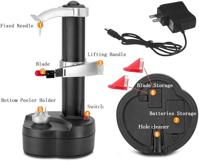 Electric Potato Peeler Automatic Apple Peeler, Smart Vegetable Fruit Peeler Machine, Stainless Steel Kitchen Peeling Tool [1 Adapter 2 Extra Blades] with Garlic Peeler