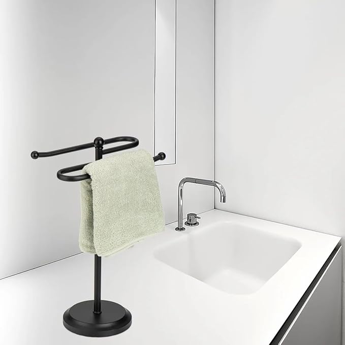 J&V TEXTILES Classical Steel Towel Rack Holder Stand with 2 Hanging Rings for Bathroom Vanity Countertops - Space Saving Hand Towel Holder (Matte Black)