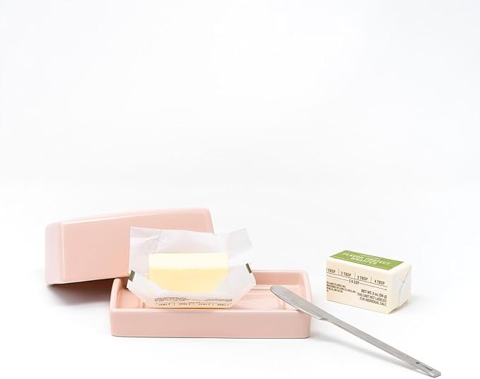 ZERO JAPAN Compact Butter Dish for Countertop, Fits West Coast Butter Sticks (Stubby Size), Ceramic Butter Keeper with Lid, Space-Saving Design, Made in Japan, Pink
