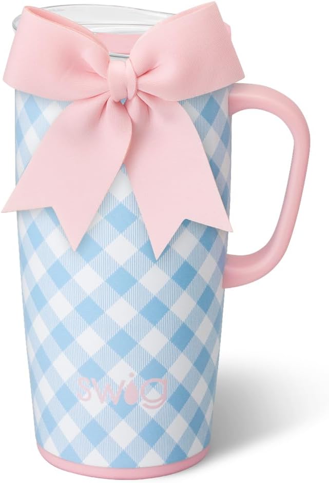 Swig Life 22oz Travel Mug, Insulated Tumbler with Handle and Lid, Travel Coffee Mug, Cup Holder Friendly, Stainless Steel 22 oz Tumbler, Reusable Insulated with Lid (Gingham)