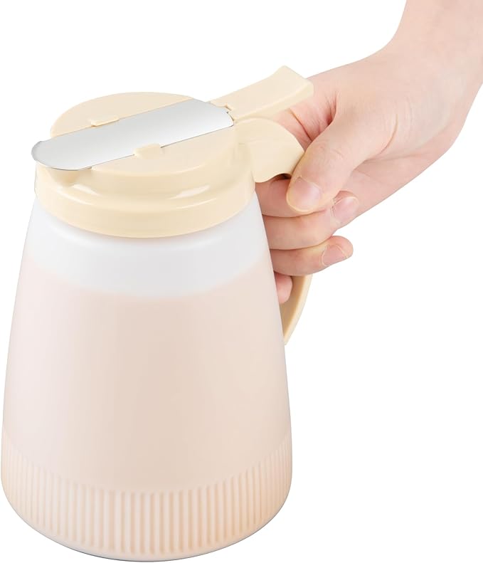 Restaurantware-Chef 101 48 Ounce All Purpose Syrup Dispenser, 1 Honey Dispenser - Beige Top, Stainless Steel Slide Cover, Plastic Pancake Syrup Bottle, Perfect For Diners, Restaurants, Home
