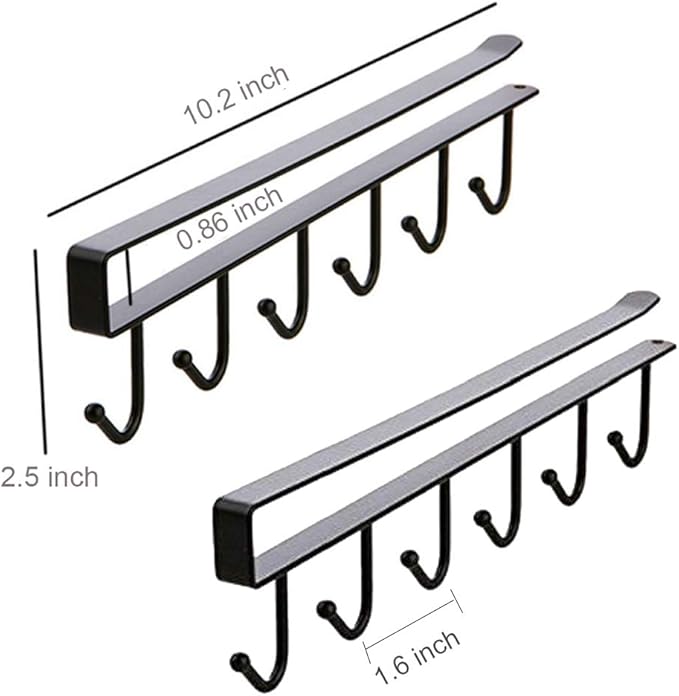 AliCH 2pcs Mug Hooks Under Cabinet Mug Holder Rack,Nail Free Adhesive Coffee Cups Holder Hanger for Cups/Kitchen Utensils/Ties Belts/Scarf/Keys Storage, Fit for 0.8inch Thickness Shelf or Less (Black)