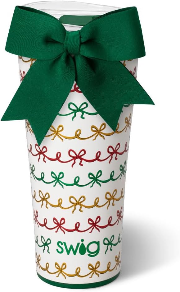 Swig Life 32oz Insulated Tumbler, Travel Coffee Tumbler with Lid, Cup Holder Friendly Travel Coffee Mug, Stainless Steel, 32 oz, Reusable Insulated Mug with Lid (Christmas Bows)