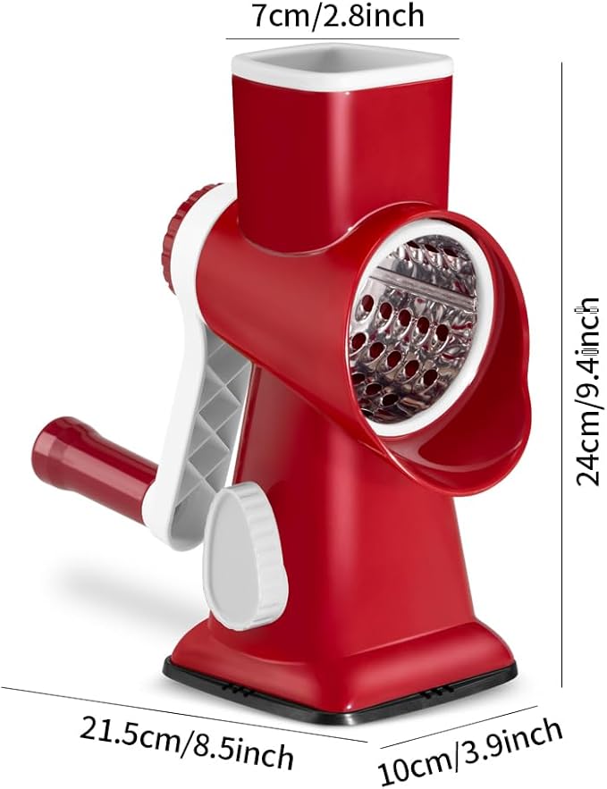 Cheese Grater Hand Crank Rotary Vegetables Shredder with Handle, 3-in-1 Graters with Interchangeable Blades and Strong Suction Base Multifunctional Slicer for Kitchen