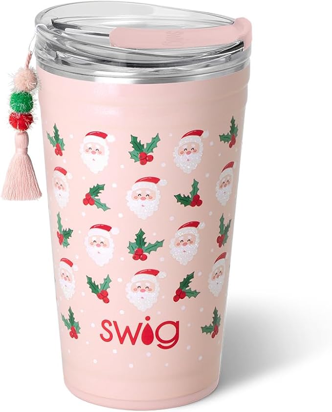 Swig Life 24oz Party Cup, Stackable Insulated Travel Coffee Tumbler with EZ Slider Lid, Cup Holder Friendly, Stainless Steel 24 oz Tumbler, Reusable Coffee Mug (Holly Jolly)