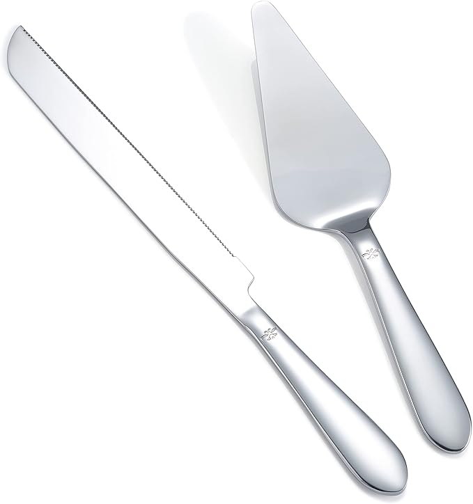 Eisinly Cake Cutting Set for Wedding, Elegant Cake Knife and Server Set with Thickened Stainless Steel Rounded Edges, Cake Cutter and Pie Spatula for Birthday Anniversary, 2 Pcs, Silver