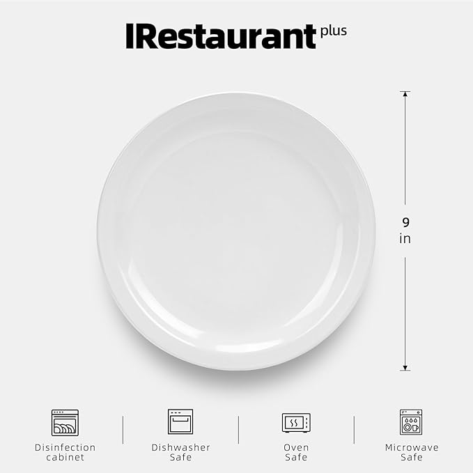 Stoneware Narrow Rim Commercial Grade Ceramic Dinnerware Bright White, Round Dinner Plate 9", Case of 24, Restaurant & Home Dining