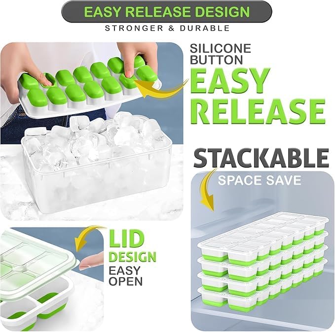 Mini Ice Cube Tray Set & Silicone Ice Cube Tray Set - 8 Trays, 2 Bins, 2 Scoops, 2 Tongs & 4 Straws