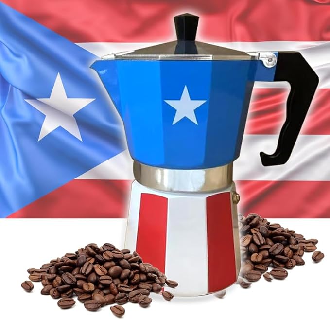 PRK 14 Puerto Rico Coffee Pot – Aluminum Moka Grecas Pot with Puerto Rican Flag Design | Traditional Stovetop Espresso Maker for Authentic Cafe Boricua 6 Cup