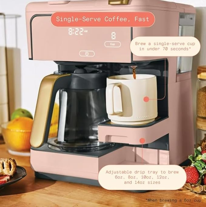 Beauti Multi Brew 12 Cup Programmable Drip & Single Serve Coffee Maker, Versatile Brewing (6oz, 8oz, 10oz, 12oz, 14oz), Pods or Ground, Over Ice option, Keep Warm mode (Rose)