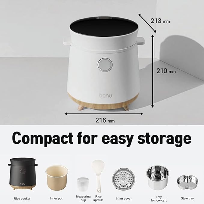 BANU Small Mini Rice Cooker Low Carb, Reduce Sugar, Keto Friendly 3 Cups (white rice), 1 Cup (Low carb rice), Keep Warm 24 Hours Preset For White, Brown Rice, Soup, Cake (BLACK)