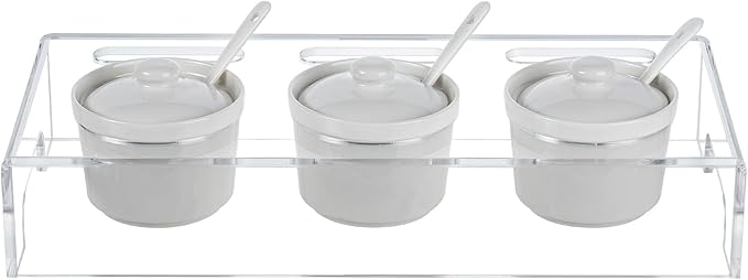 MyGift 10 Pcs Condiment Pot Serving Dishes Set, Clear Acrylic Server Tray and 3 Ceramic Ramekin Bowls with Lids and Spoons for Sauces, Dips, Hosting Essentials for Party