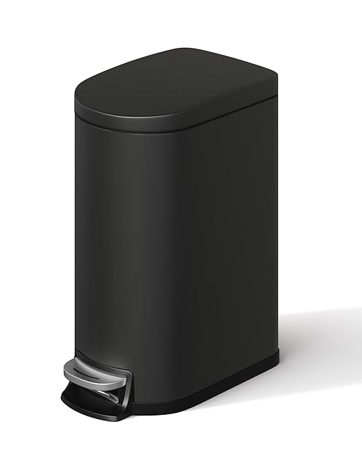GarveeHome 1.6 Gal Step-On Trash Can, Stainless Steel Small Bathroom Garbage Bin with Soft Close Lid, Slim Space-Saving Design, Removable Inner Bucket for Bathroom, Bedroom, Office, Black