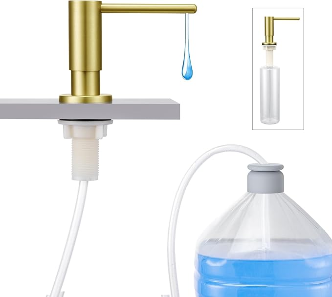 Kitchen Sink Soap Dispenser with 17 OZ Bottle and 40" Extension Tube Kit, Stainless Steel Built-in Soap Dispenser for Kitchen Sink or Countertop, in or Under Sink Installation, Brushed Gold