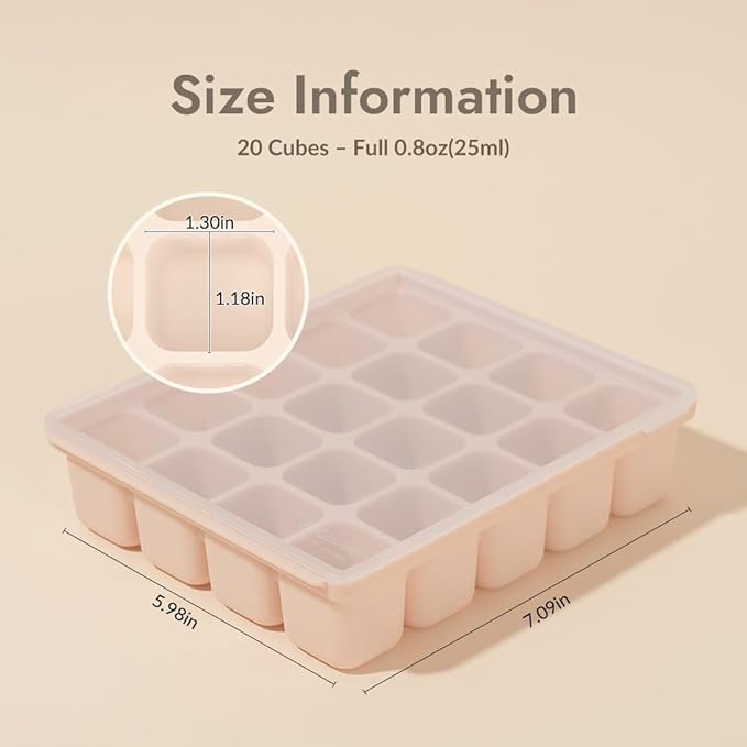 Baby Food Storage Silicone Cubes with Clip-On Lid Freezer Tray Baby Food Soups Purees Ice Easy and Safe Design Made in Korea (20 Sand Beige)