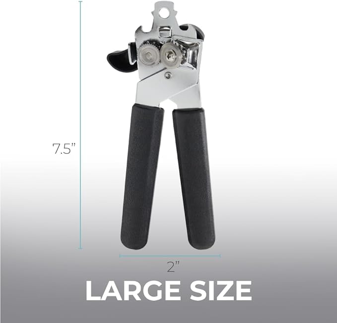 Kitchen Genie Slip Resistant Stainless Steel Manual Can Opener, Sharp Blade for Smooth Edge Cuts, Easily Open Cans, Ergonomic Handles with Easy to Turn Knob, Built-In Bottle Openers, Pitch Black