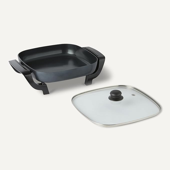 Amazon Basics Electric Skillet and Frying Pan with Glass Lid, Nonstick Ceramic Coating, Cool-Touch Handles, Adjustable Heat, 15.74 x 11.81 x 6.69 inch, Black