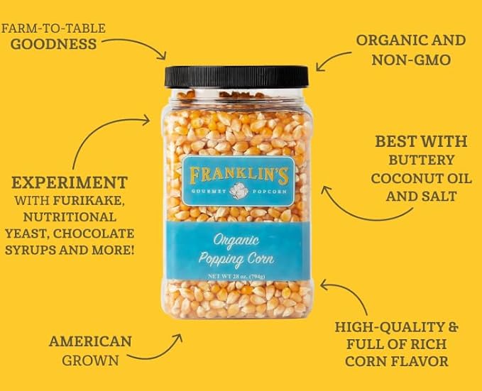 Franklin’s Gourmet Popcorn Organic Popcorn Kernels for Popping - 28oz Tub - Made in USA, Non-GMO & All-Natural - Old Fashioned Unpopped Popcorn Kernels for Popcorn Machine