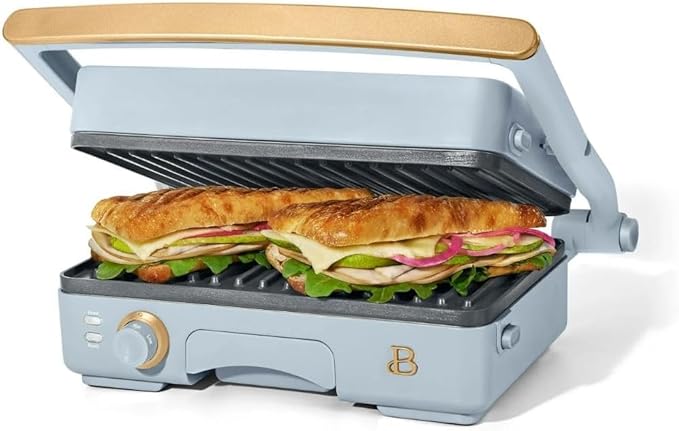 Panini Press Indoor Grill 1 2-in-1200W Non-Stick Removable Plates Sandwich Maker by Drew Barrymoree. (Cornflower Blue)